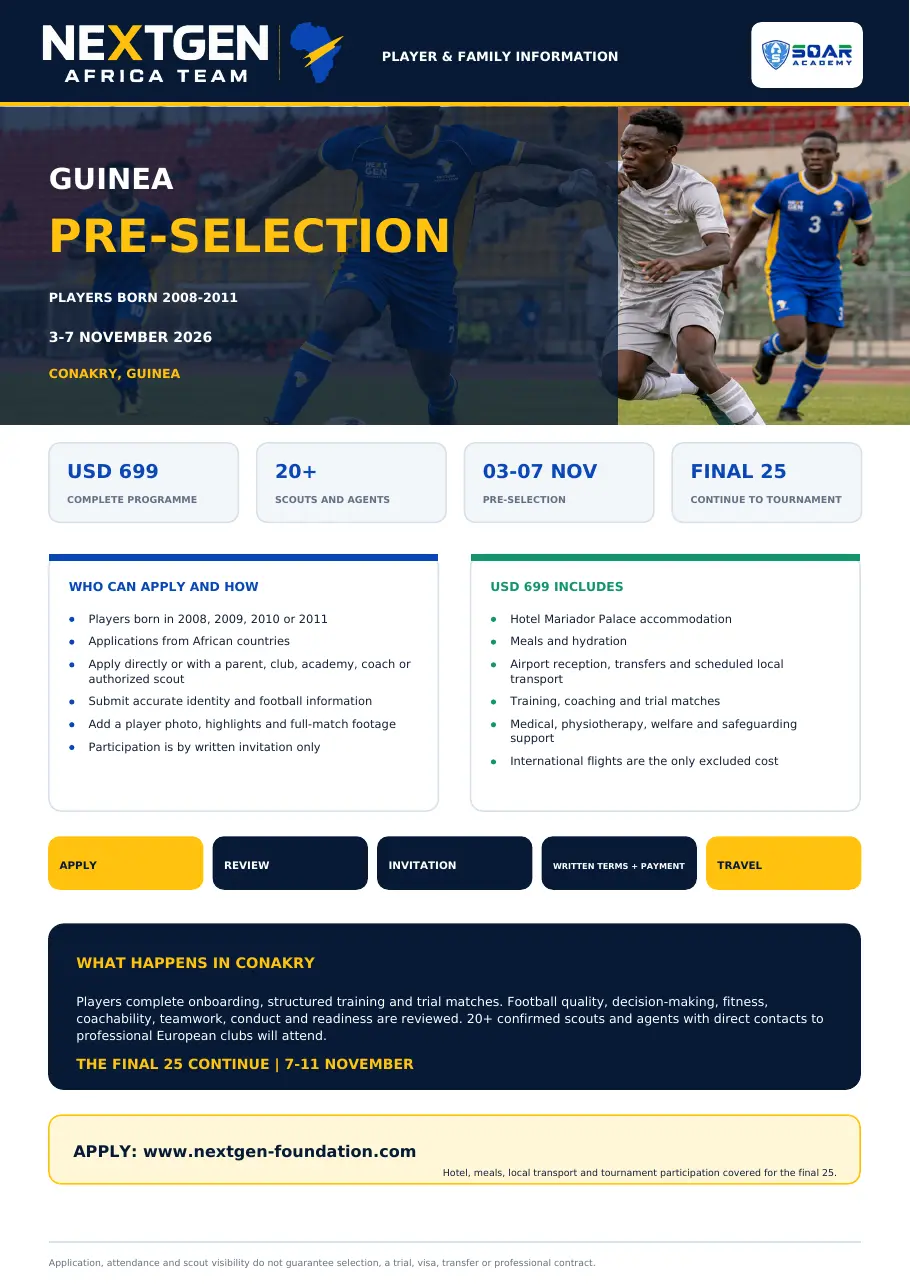Official NEXTGEN Africa Team Guinea preselection flyer.