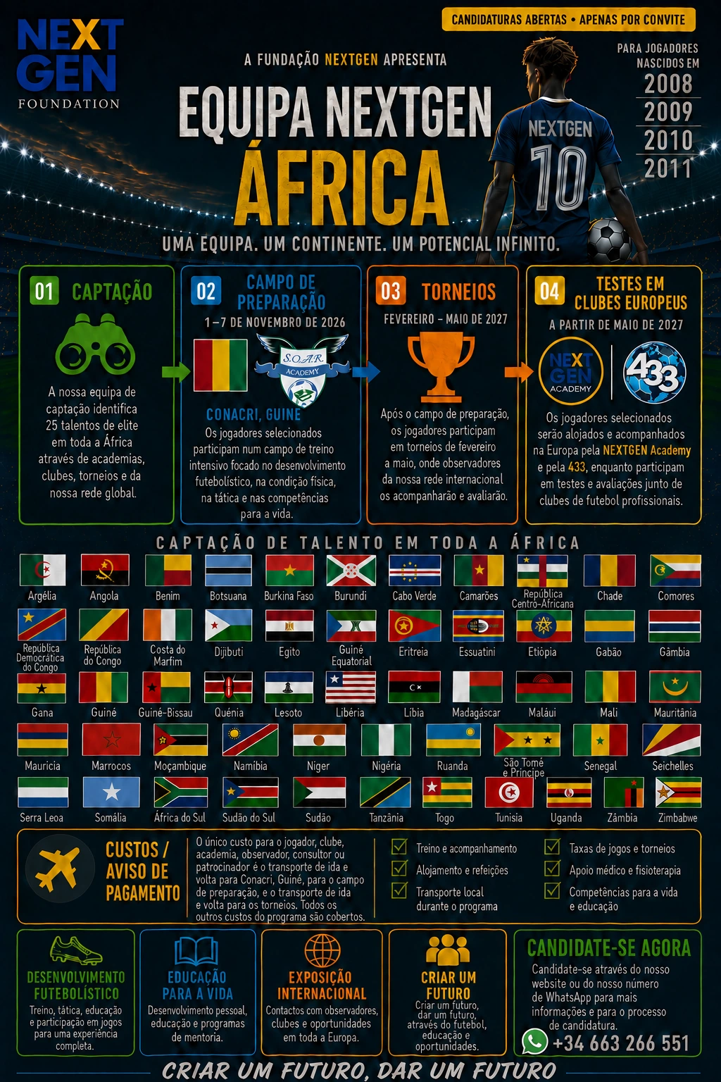 Flyer oficial do lançamento da NEXTGEN Africa Team em português.